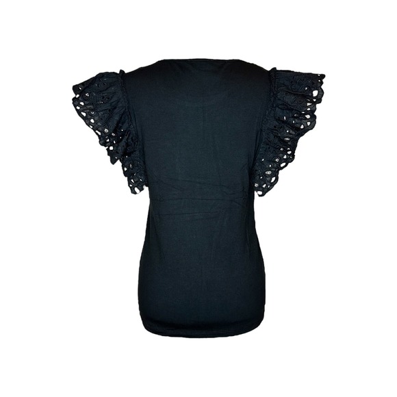Patrizia Luca Womens Ruffle Sleeve Black T-shirt Size XL Tee Round Neck Top - Picture 3 of 3